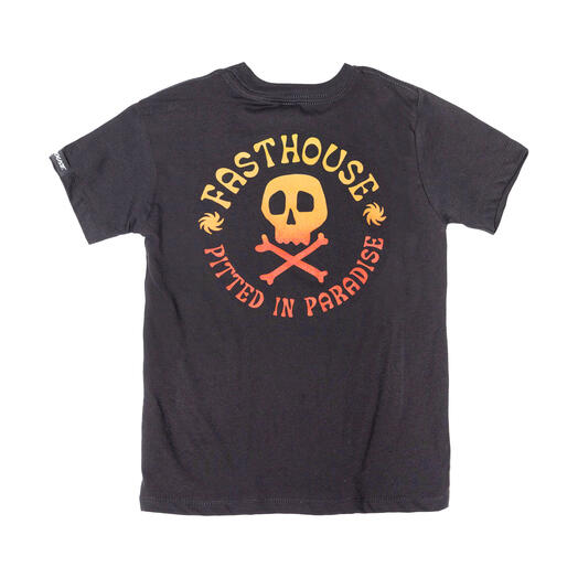 Youth Lost Boys Tee Kids front view, Black with gold skull and crossbones, orange accent text in circular arrangement