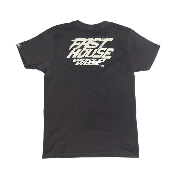 Youth Primer Tee Black Kids front view, Black with cream italicized "Fast House" text and smaller tagline below in