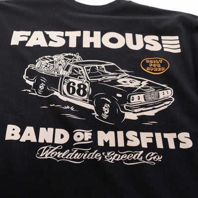Back of Youth Pursuit Tee Kids Graphite Black Kids Tee, Black with cream racing car graphic numbered 68, orange "built for