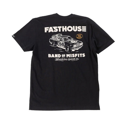 Youth Pursuit Tee Kids front view, Black with white "Fasthouse" text, racing car graphic numbered 68, and "Band of Misfits