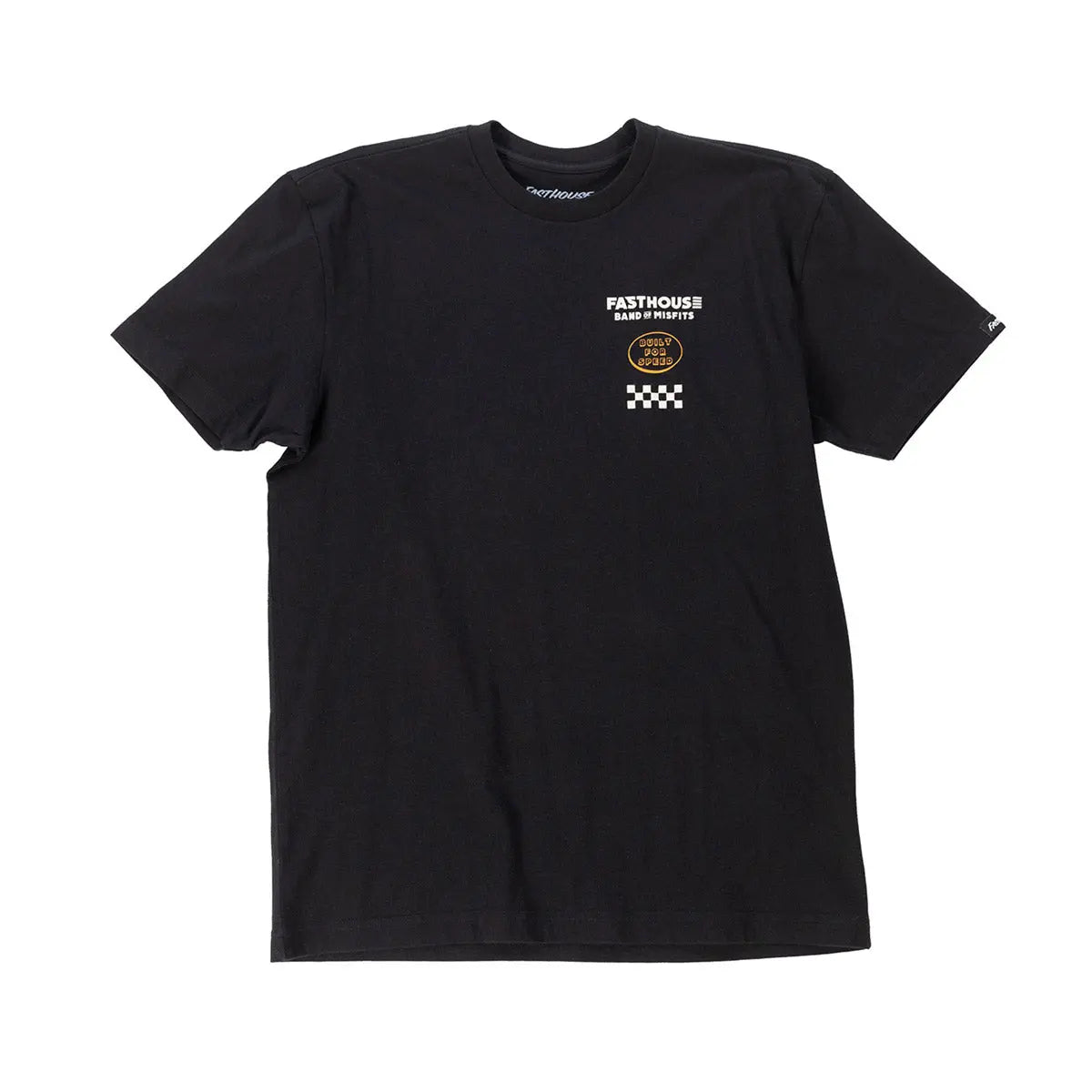 Close-up of Youth Pursuit Tee Kids Graphite Black Kids Tee showing Black with white text reading "Band of Misfits," gold
