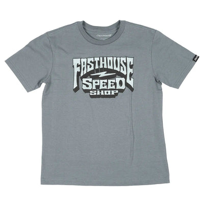 Youth Record front view, Slate gray with black and white speed shop graphic featuring lightning bolt and shield motif,