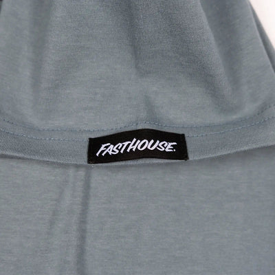Close-up of Youth Record Indigo Tee showing Black woven label with white italic text on gray ribbed neckline - Slowride