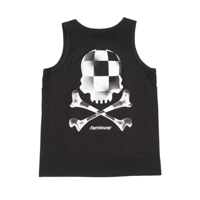 Youth Render Tank Apparel front view, Black tank with white checkered skull and crossbones graphic, text below, Black