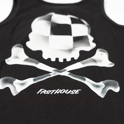 Close-up of Youth Render Tank Apparel Black Apparel showing Checkered skull with crossbones and halftone print texture