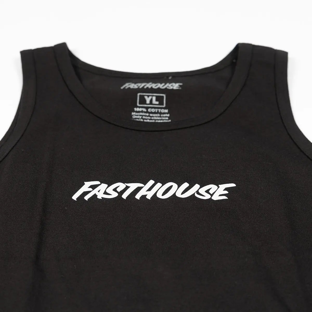 Close-up of Youth Render Tank Apparel Black Apparel showing White italic wordmark centered on chest, crew neck tank on black