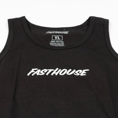 Close-up of Youth Render Tank Apparel Black Apparel showing White italic wordmark centered on chest, crew neck tank on black