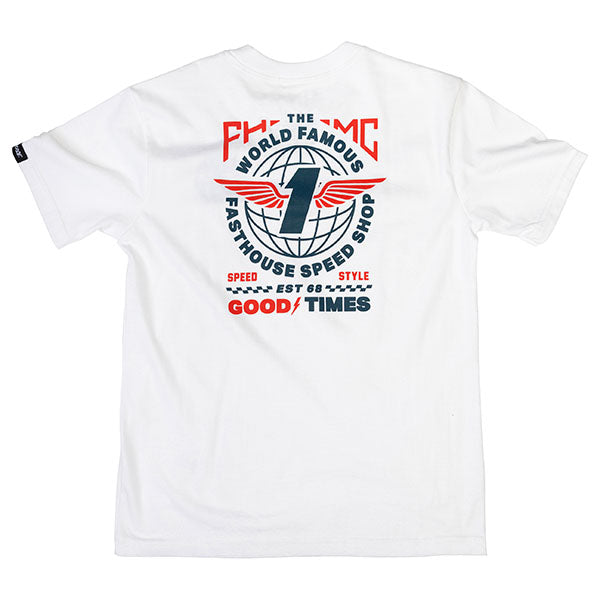 Youth Renown Tee Kids front view, White with red and navy winged speedometer graphic, "The World Famous Fastest Speed Shop"
