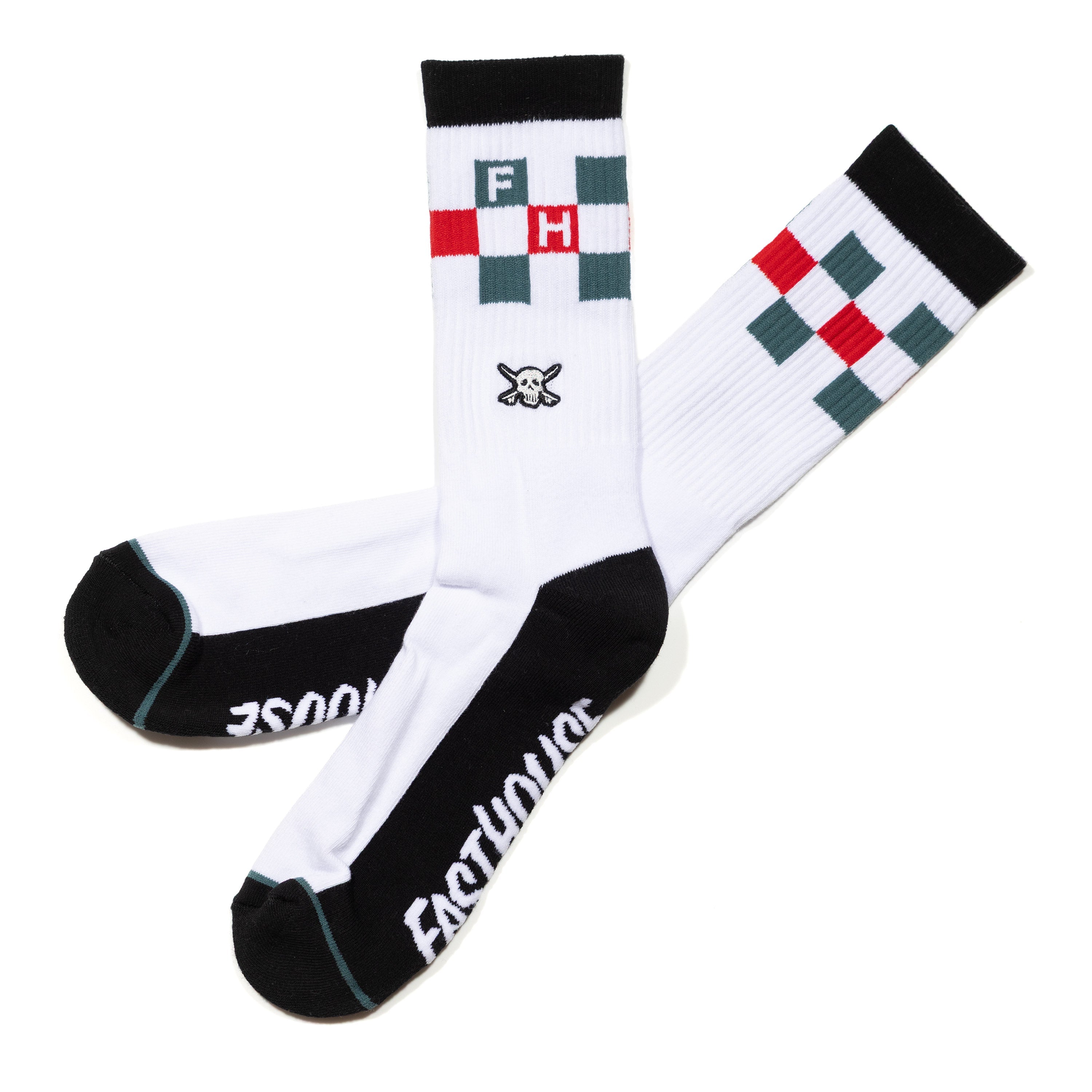 Youth Riff Crew Sock Apparel front view, White with black cuff, red and teal argyle pattern, skull graphic and letters on