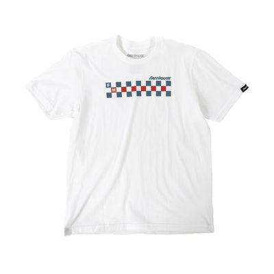 Youth Riff Tee Kids front view, White with slate and red checkerboard graphic and text wordmark across chest, White Kids Tee