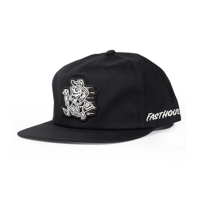 Youth Runner Hat Apparel front view, Black with white embroidered cartoon racer figure and FASTHOUSE text on side, Black