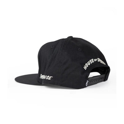 Close-up of Youth Runner Hat Apparel Black Apparel showing Snapback closure with embroidered text detailing on crown and