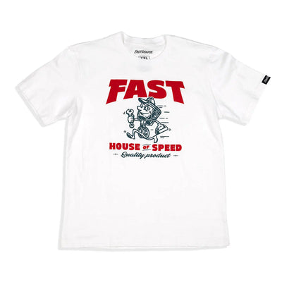 Youth Runner front view, White with red "FAST" text, vintage mechanic character in black and white, "HOUSE OF SPEED" and