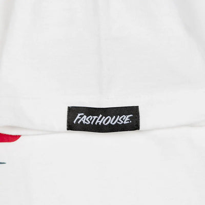 Care label on Youth Runner White Tee showing Black woven label with white italic script text - Slowride Supply