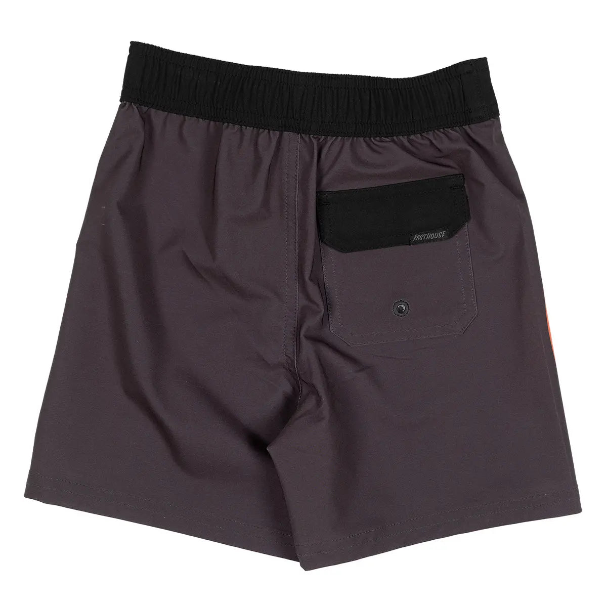 Back of Youth Scorched 16" Boardshort Apparel Vintage Black Apparel, Charcoal back with black patch pocket and embroidered