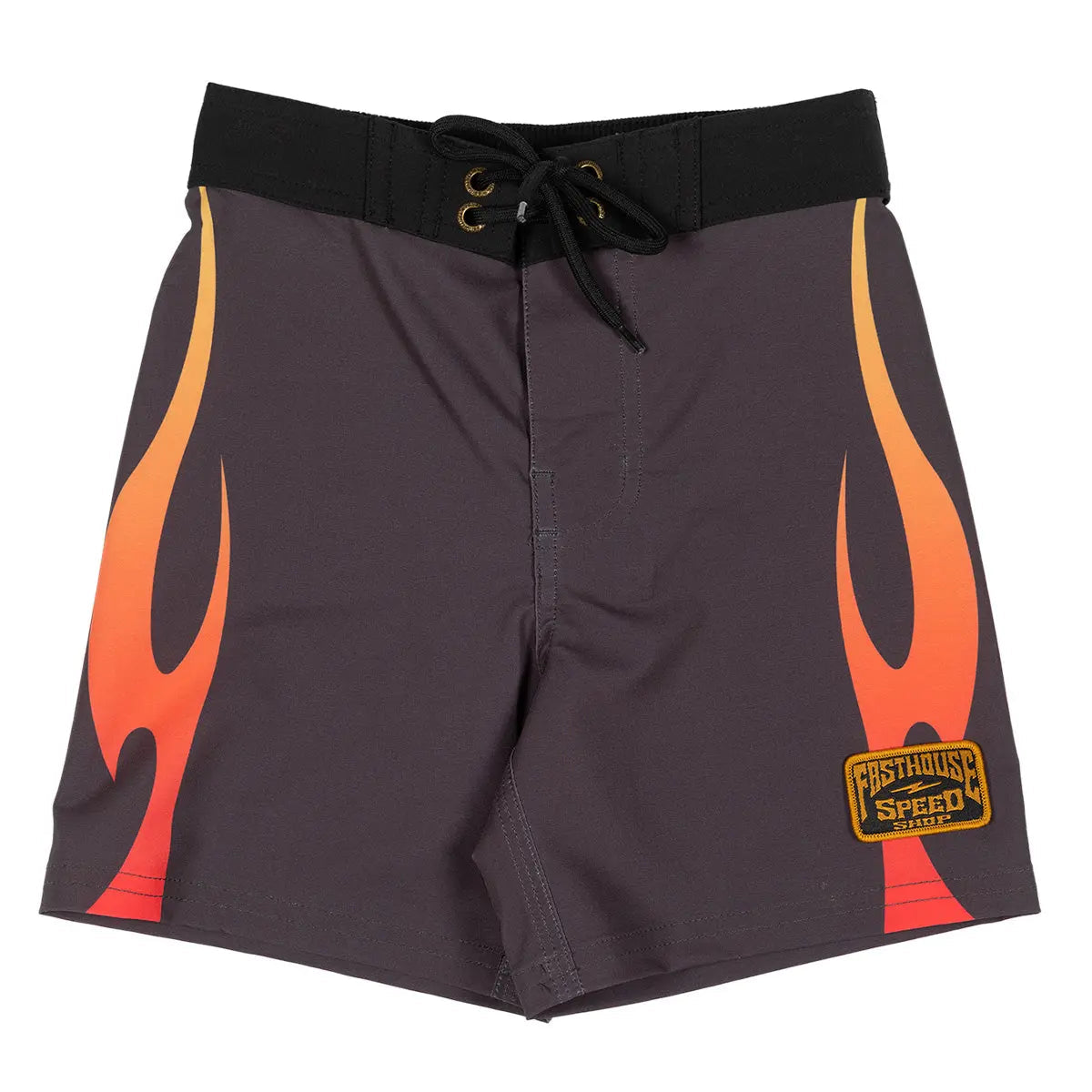Youth Scorched 16" Boardshort Apparel front view, Charcoal with red and orange flame graphics on sides, gold logo patch at