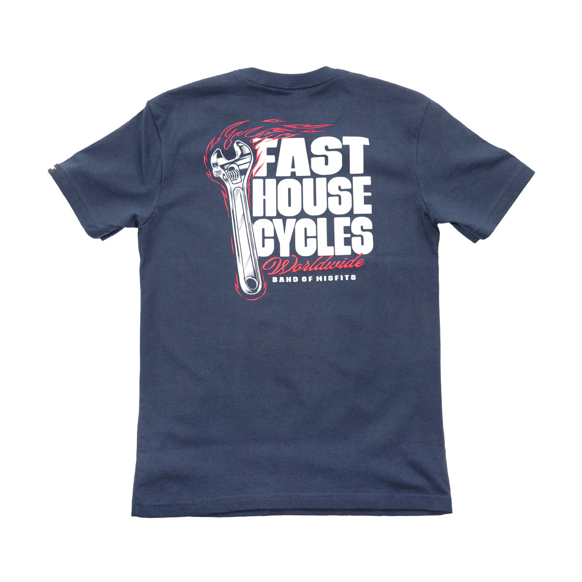 Youth Spanner Tee Kids front view, Midnight navy with white and red wrench graphic, skull head and flaming text design,