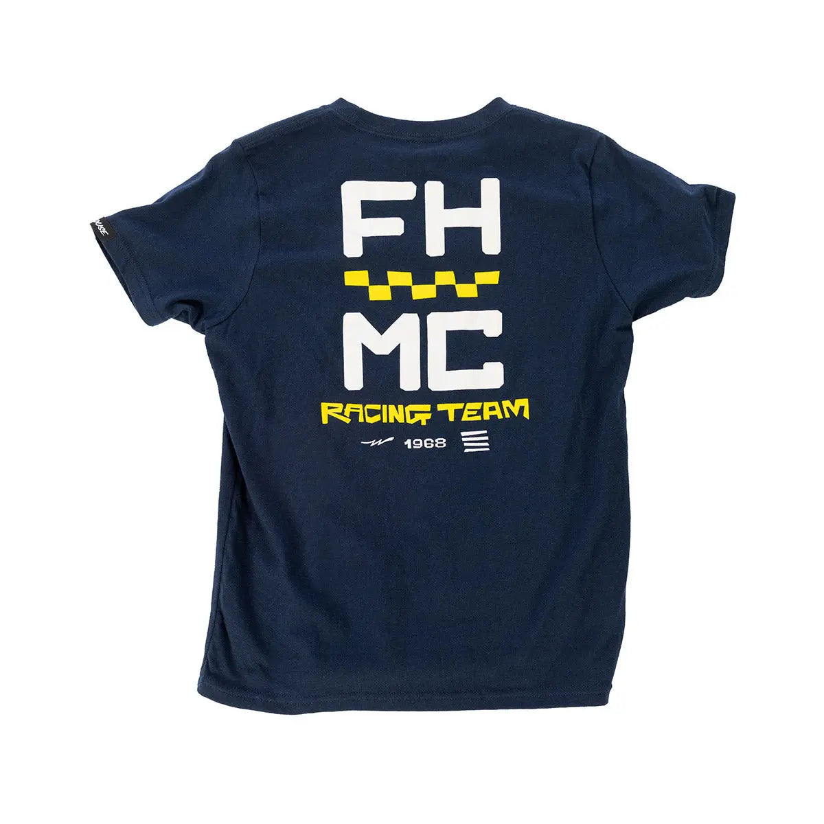 Youth Team Tee Navy Kids front view, Navy with white FH letters, yellow checkered stripe, and yellow Racing Team 1988 text