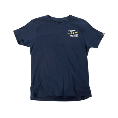 Close-up of Youth Team Tee Navy Kids Navy Kids Tee showing Navy cotton tee with white and yellow chest graphic and small