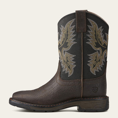 Back of Youth Workhog Square Toe Bruin Boots Brown/black Boots, Black shaft with tan and cream embroidered wing motif and