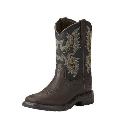 Youth Workhog Square Toe Bruin Boots front view, Brown leather foot with black shaft featuring gold and cream starburst