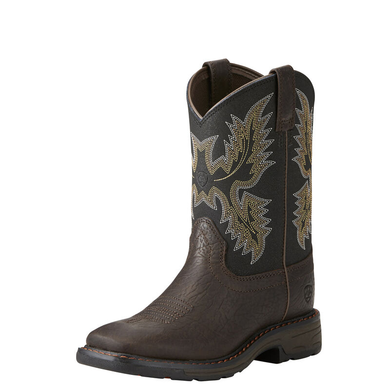 Youth Workhog Square Toe Bruin Boots front view, Brown leather foot with black shaft featuring gold and cream starburst