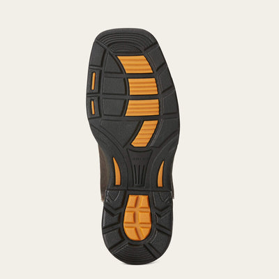 Close-up of Youth Workhog Square Toe Bruin Boots Brown/black Boots showing Black and orange rubber sole with grid tread