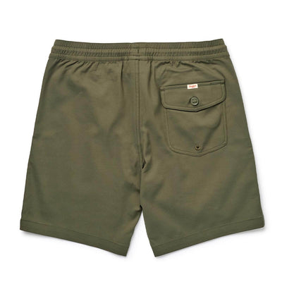 Close-up of Yuma Shorts Dark Olive Shorts showing Flat lay of dark olive shorts with elasticated waistband and back patch