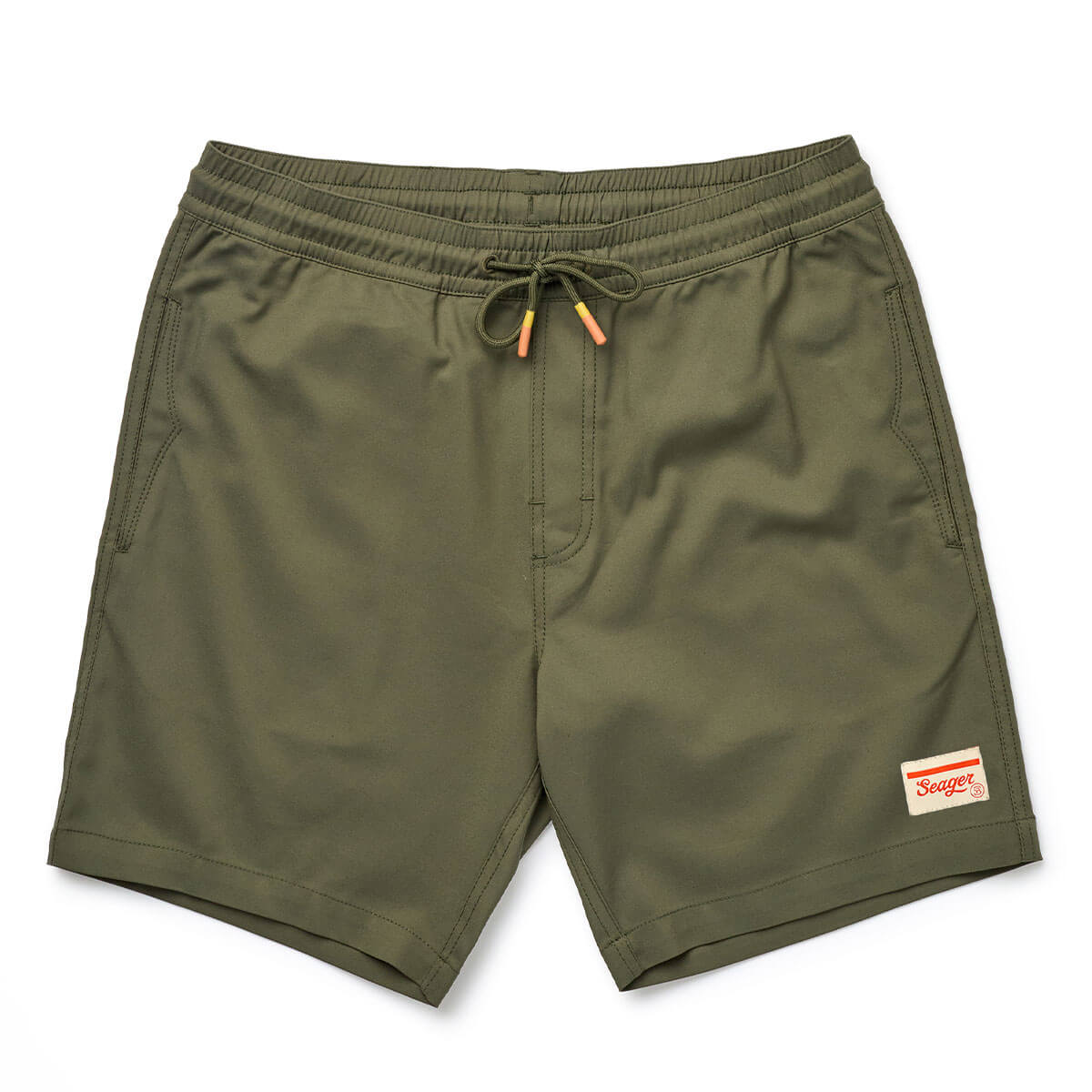 Yuma Shorts front view, Dark olive with small red script label on leg, drawstring with orange tipping, Dark Olive Shorts -