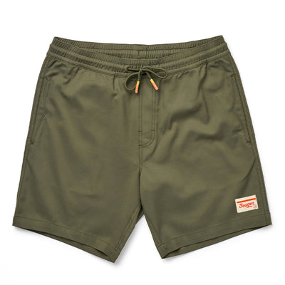 Yuma Shorts front view, Dark olive with small red script label on leg, drawstring with orange tipping, Dark Olive Shorts -
