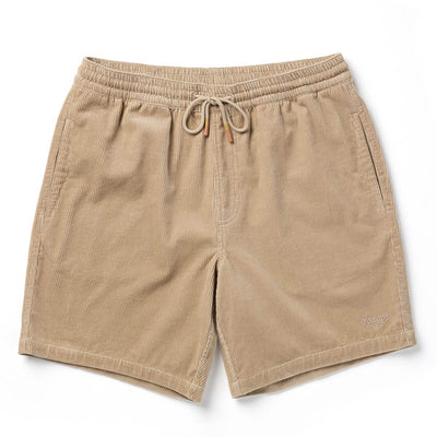 Back of Yuma Shorts Dark Olive Shorts, Tan corduroy shorts with small embroidered script logo on right thigh - Slowride