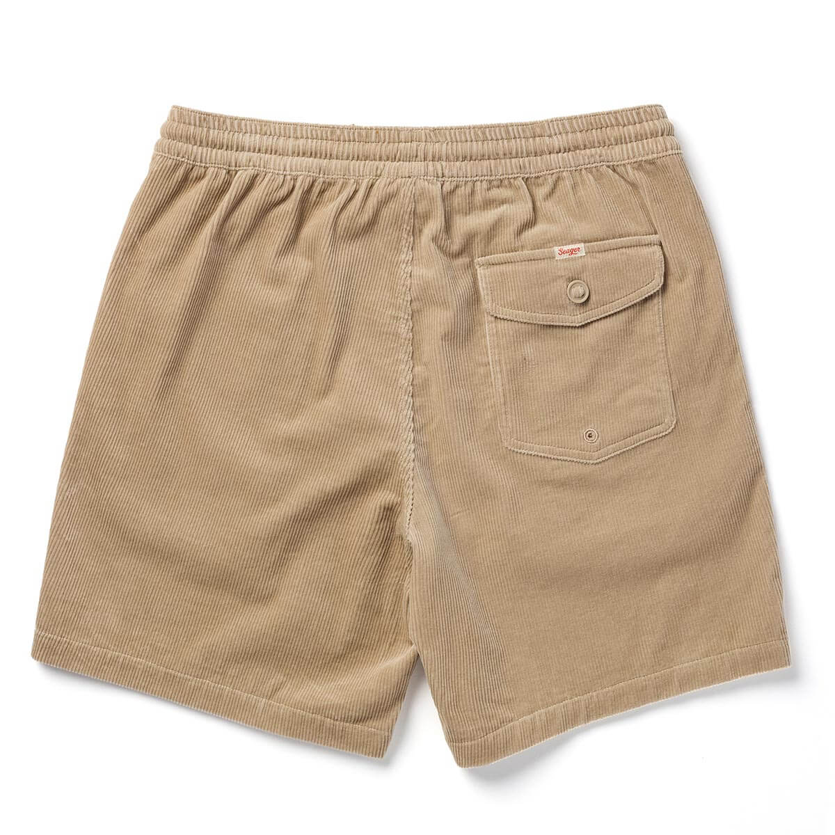 Close-up of Yuma Shorts Dark Olive Shorts showing Tan corduroy shorts with elastic waistband and two patch pockets with