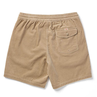 Close-up of Yuma Shorts Dark Olive Shorts showing Tan corduroy shorts with elastic waistband and two patch pockets with